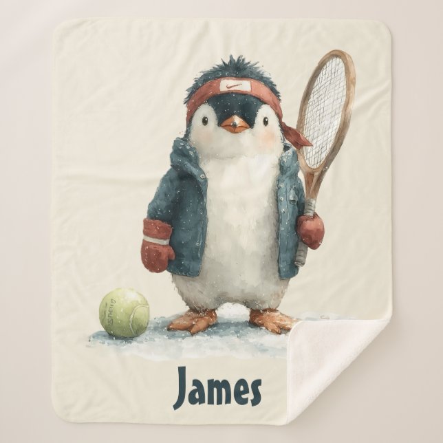Manta Sherpa Personalized Winter Penguin Tennis Kid (Anverso)