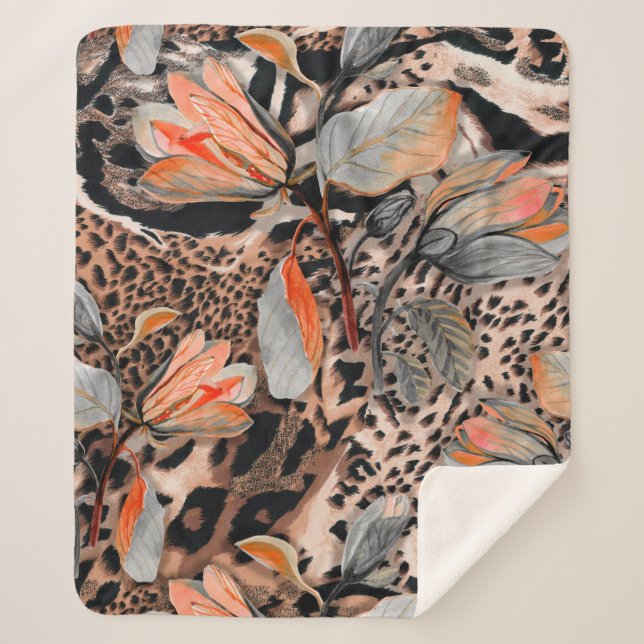 Manta Sherpa Piel animal salvaje africana con flor marrón (Anverso)