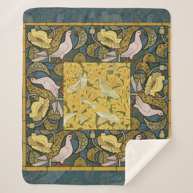 Manta Sherpa Pigeon Blue Yellow Fish Art Nouveau (Anverso)