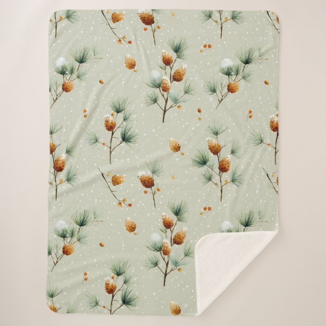 Manta Sherpa Pinecones de invierno y ramas de nieve (Anverso)