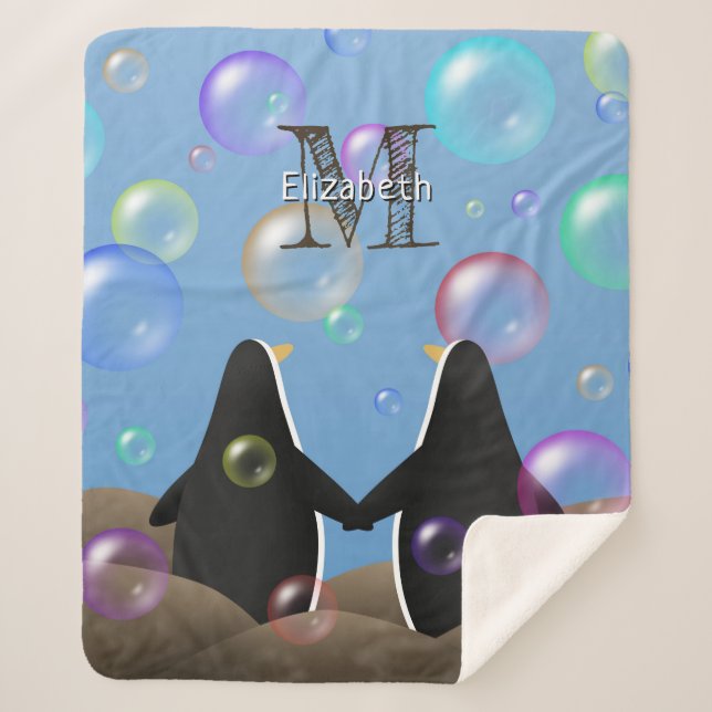 Manta Sherpa pingüinos sosteniendo aletas viendo burbujas (Anverso)