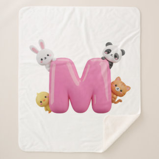 Manta Sherpa Pink 3D Letter M Medium Sherpa Blanket with Animal