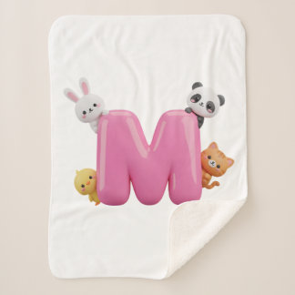 Manta Sherpa Pink 3D Letter M Small Sherpa Blanket with Animals