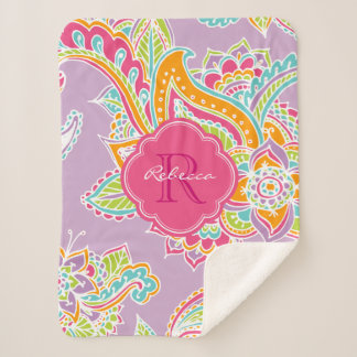 Manta Sherpa Pink and Lilac Boho Paisley Monogrammed