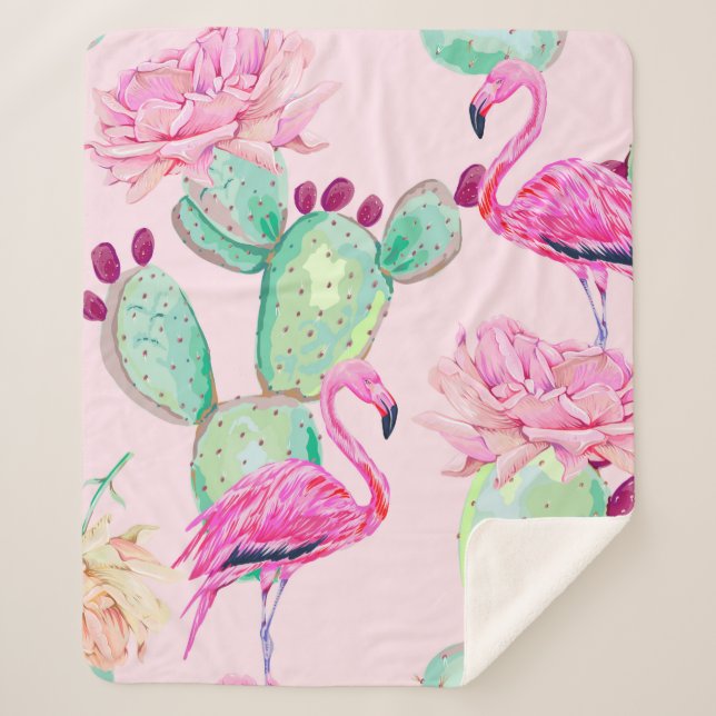 Manta Sherpa Pink flamingo, exotic birds, gentle flowers, rose, (Anverso)