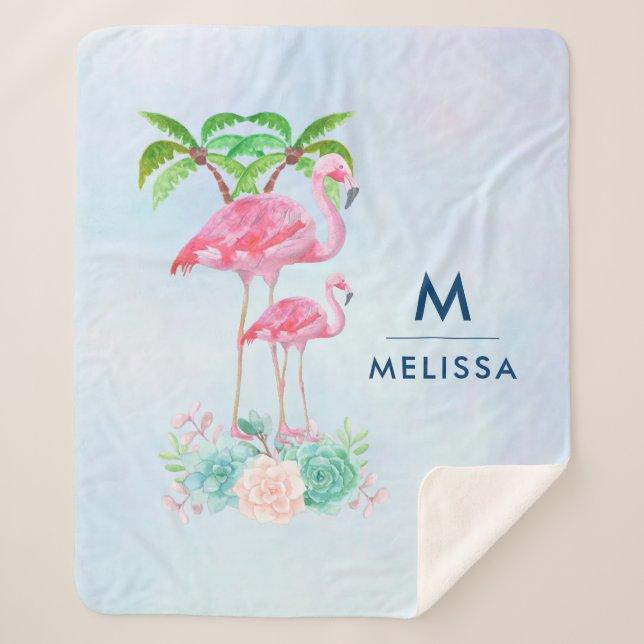 Manta Sherpa Pink Flamingo Momma & Baby with Palm Trete (Anverso)
