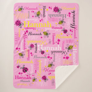 Manta Sherpa Pink ladybugs abejas corazones chicas nombre perso