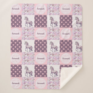 Manta Sherpa Pink Purple Parchwork Unicorn Hearts Custom Name