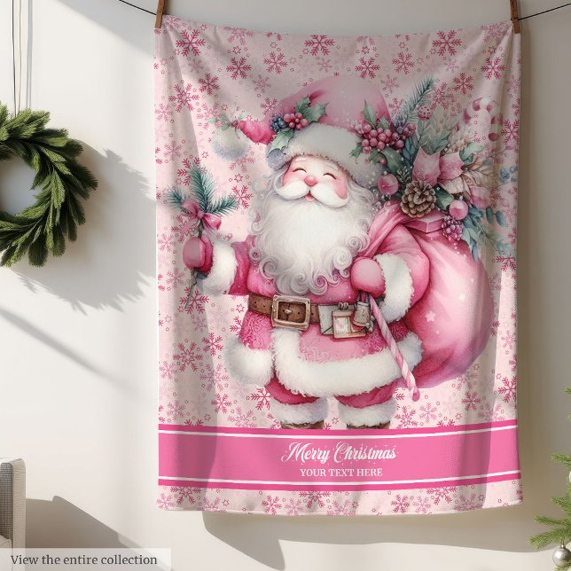 Manta Sherpa Pink Santa Chicas Blanc Nombre personalizado Pinkm (Pink Santa Girls Blanket Custom Name Pinkmas)