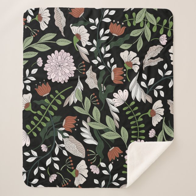 Manta Sherpa Pintado de flores antiguas de grabado (Anverso)