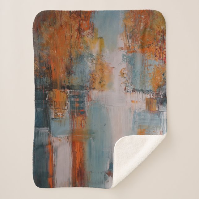 Manta Sherpa pintura abstracta naranja, blanca y verde azulada (Anverso)