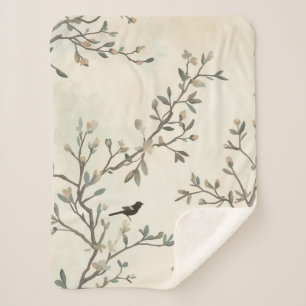 Manta Sherpa Pintura al Acuarela de Rama de Pájaro Beige Natura