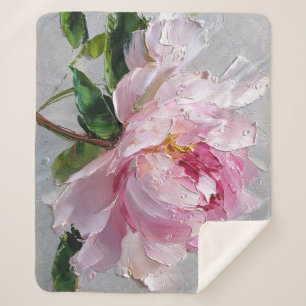 Manta Sherpa Pintura al óleo de peonía rosa elegante con impast