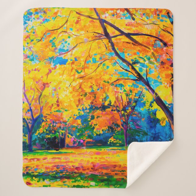 Manta Sherpa  pintura al óleo sobre lienzo. Árboles amarillos.  (Anverso)