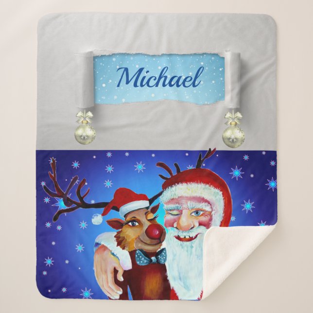 Manta Sherpa Pintura con Rudolf sonriente y Santa Claus (Anverso)