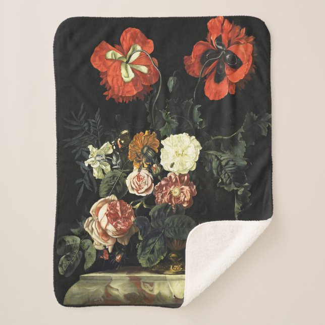 Manta Sherpa Pintura de época con vida con flores (Anverso)