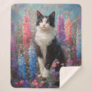Manta Sherpa Pintura de flores de lupa coloridas de un gato de