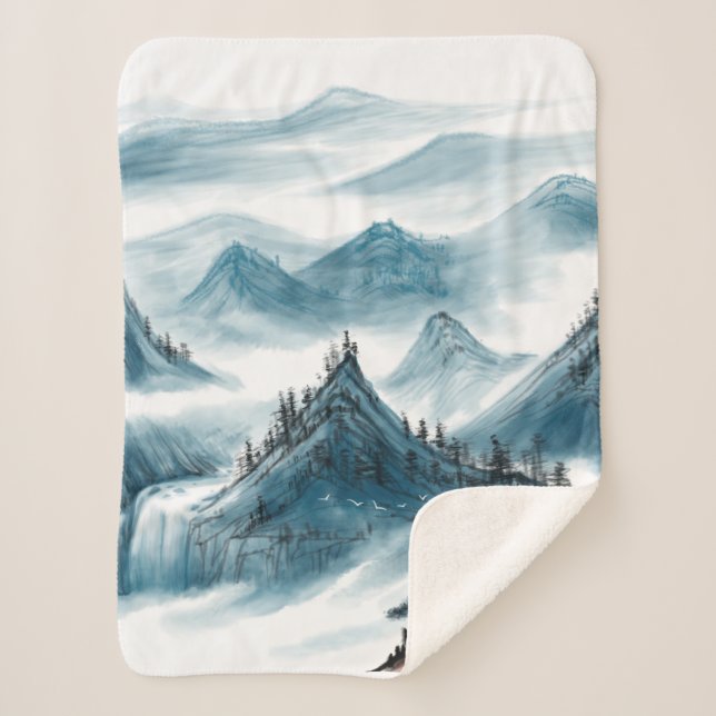 Manta Sherpa Pintura de las Montañas Chinoiserie Blue Classic (Anverso)