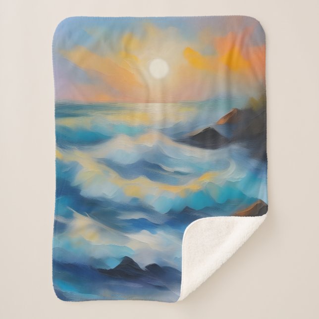 Manta Sherpa Pintura de olas de mar azul claro bajo el sol (Anverso)