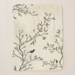 Manta Sherpa Pintura en Acuarela de Rama de Pájaro Beige Natura