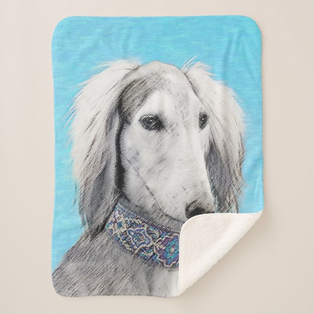 Manta Sherpa Pintura Saluki (plateada) - Arte Perro Original. (Anverso)