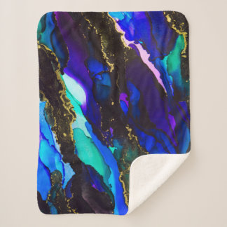 Manta Sherpa Pintura salvaje de tinta negra y morada de alcohol