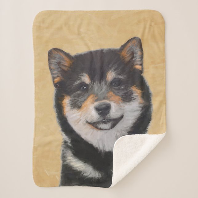 Manta Sherpa Pintura Shiba Inu (Negro y Tan) - Arte de perro (Anverso)