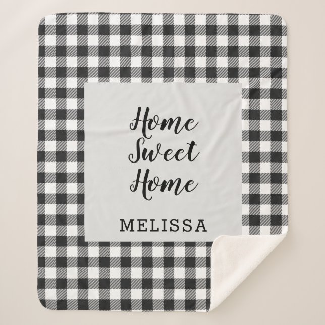 Manta Sherpa Plaid Black White Gingham Personalizado (Anverso)