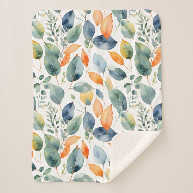 Manta Sherpa Plantas Eucalyptus Naranja Verde 350 Acuarela (Anverso)