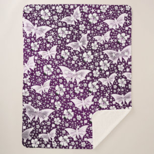 Manta Sherpa plata, púrpura, mariposas, flores, floral, patas