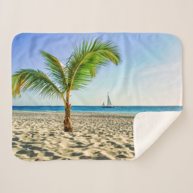 Manta Sherpa Playas tropicales | Barco de vela, palmera, Aruba (Anverso (horizontal))