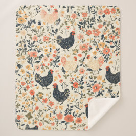 Manta Sherpa Pollos de granja, gallinas y cabaña de flores