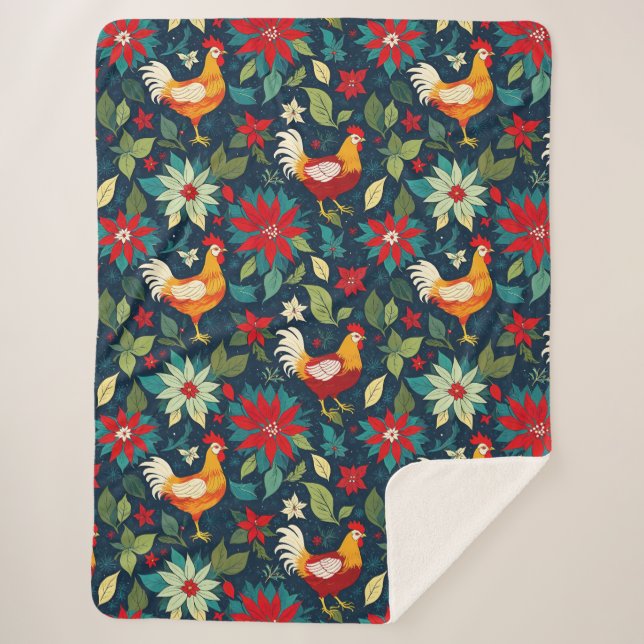 Manta Sherpa Pollos De Granja Y Poinsettias (Anverso)