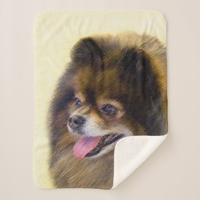 Manta Sherpa Pomerania Negra y Tan Pintura Original de Perro (Anverso)