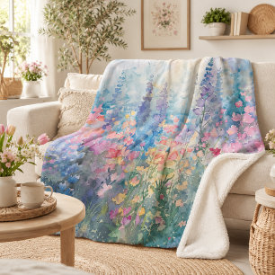 Manta Sherpa Pradera de flores silvestres en acuarela pastel