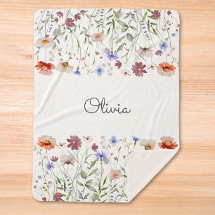 Manta Sherpa Prado de flores silvestres coloridas con acuarela