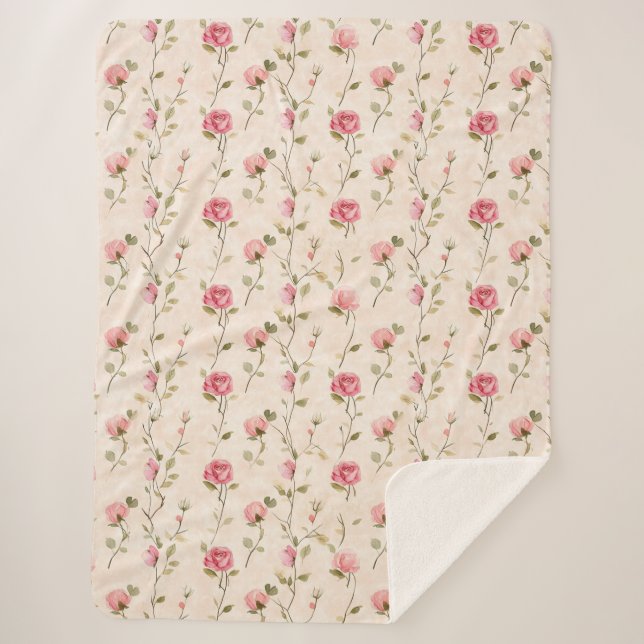 Manta Sherpa Pretty Pink Cream Roses Floral (Anverso)