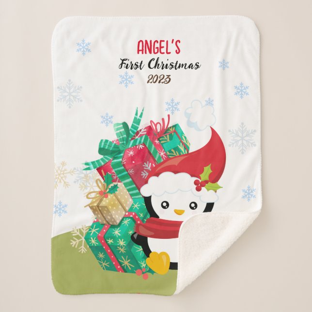 Manta Sherpa Primera niña Navidad Penguin Sherpa Blanket (Anverso)