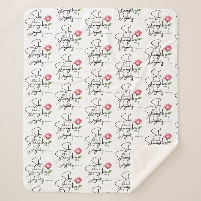 Manta Sherpa Proverbios 31:25 Flor Biblia Verse patrón sin foco (Anverso)