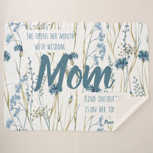 Manta Sherpa Proverbios 31 Flores azules y de oro de mamá (Anverso (horizontal))