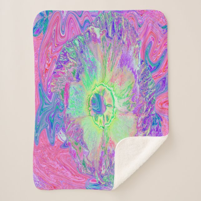 Manta Sherpa Psicodélico Trippy Lime Green y Púrpura Hibiscus (Anverso)