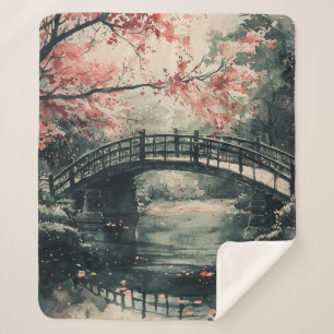 Manta Sherpa Puente de Flor de Cerezo Sumi-E Paisaje