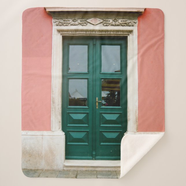 Manta Sherpa PUERTA DE MADERA verde azulada CON BORDE DE VENTAN (Anverso)