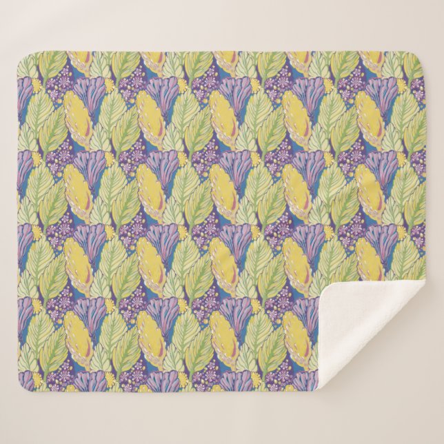 Manta Sherpa Purple Green Yellow Ornamental Floral Pattern. (Anverso (horizontal))