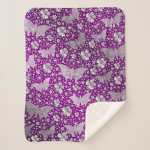 Manta Sherpa púrpura, plata, mariposas, flores, floral, patas