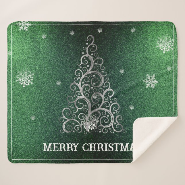 Manta Sherpa Purpurina de árbol de Navidad y copos de nieve | V (Anverso (horizontal))