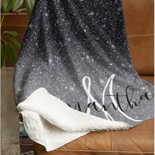 Manta Sherpa Purpurina negro moderno marca nombre personalizado