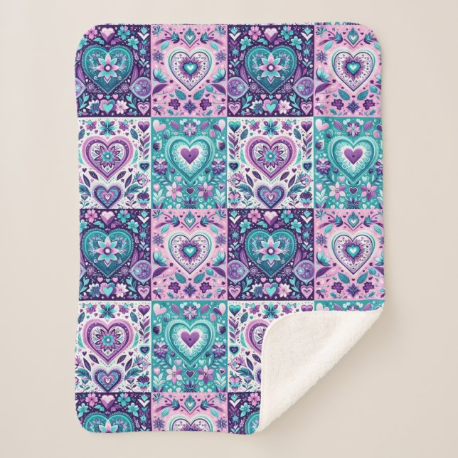 Manta Sherpa Quilt cardíaco de trabajo en mosaico (Anverso)
