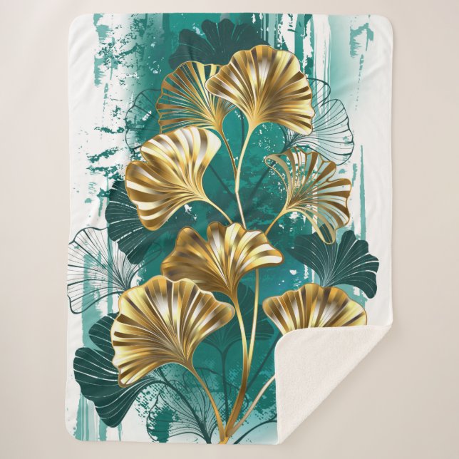 Manta Sherpa Rama con hojas doradas Ginko Biloba (Anverso)