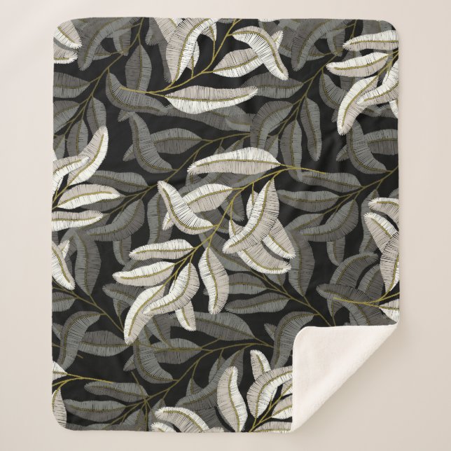 Manta Sherpa Ramas bordadas: impresión en blanco y negro. (Anverso)